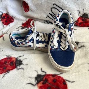 VANS off the Wall Tennis Shoes in Blue and White Checkered with Hearts